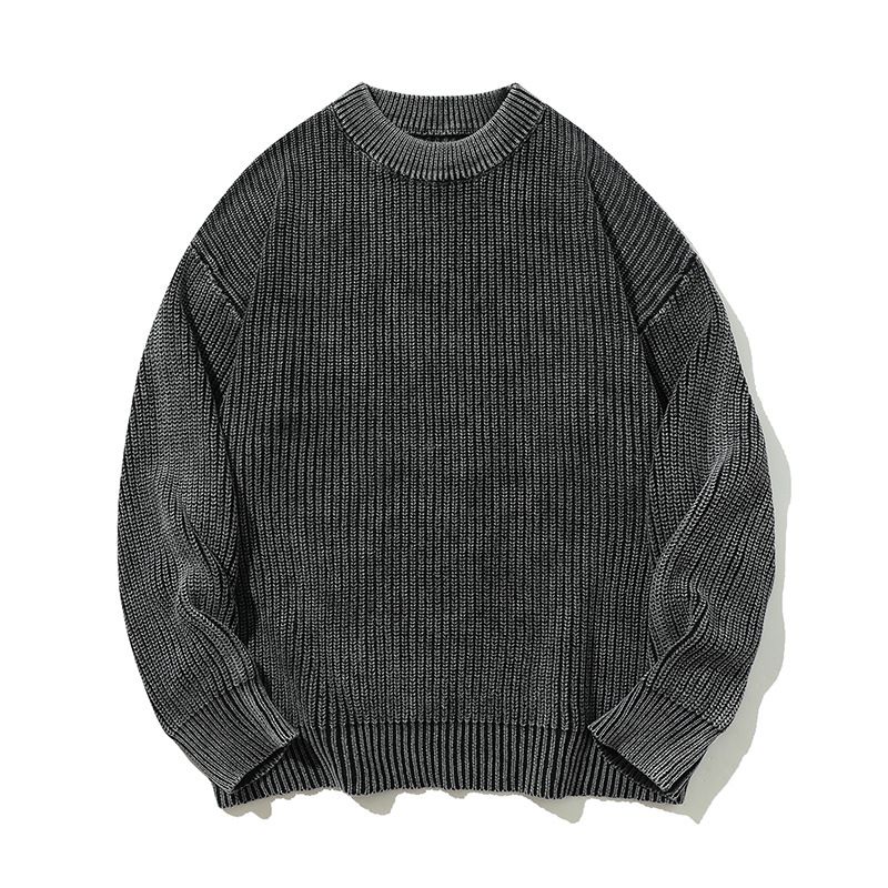 Maglione oversize da uomo in maglia di ispirazione giapponese - Girocollo minimalista in grigio scuro / caffè / verde militare (M-3XL)_voghion.com