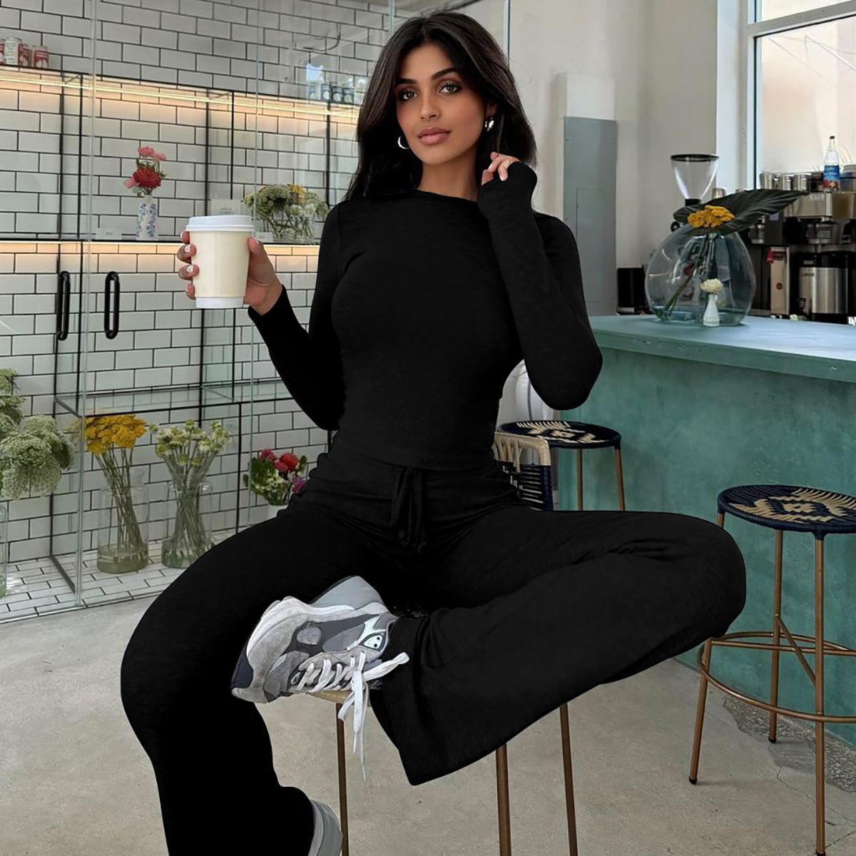 Women's Fashion 2025 Autumn Winter New Fashionable Crop Top Long Sleeve Slim Fit Tie Flared Pants Casual Set_voghion.com