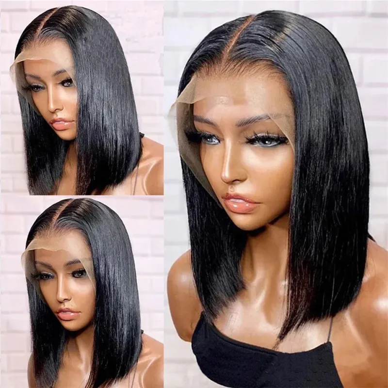 Dunkelbraune, kurze Bob-Perücken, Echthaar-Spitzenfrontperücke, braune Farbe, gerade, kurze Bob-Perücken für Frauen_voghion.com