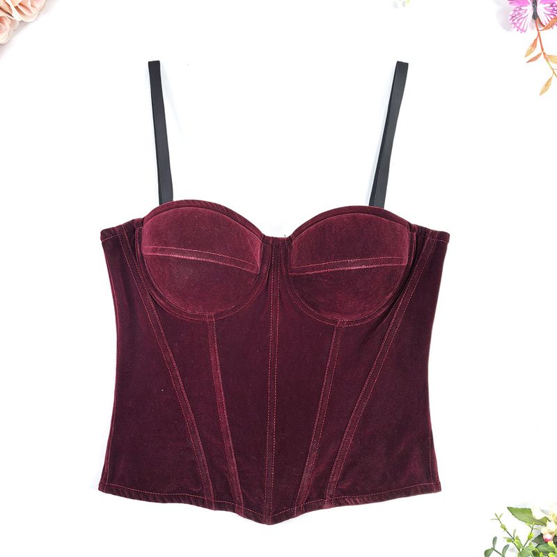 Fransız Retro Kadife İç Lastik Üst Balık Kılçığı Bel Vücut Şekillendirici Kadın Askıları Göğüs Pedleri ile Basit Vücut Şekillendirici Elbise Sütyen_voghion.com
