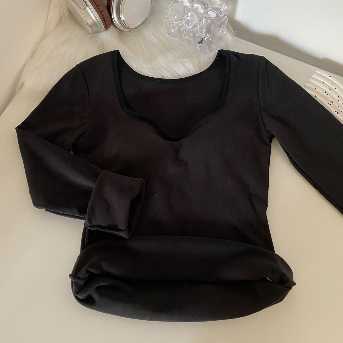Maglia termica in pile caldo con petto imbottito, scollo a V, vestibilità attillata, manica lunga, strato di base per donna, autunno inverno_voghion.com