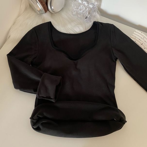 Maglia termica in pile caldo con petto imbottito, scollo a V, vestibilità attillata, manica lunga, strato di base per donna, autunno inverno_voghion.com