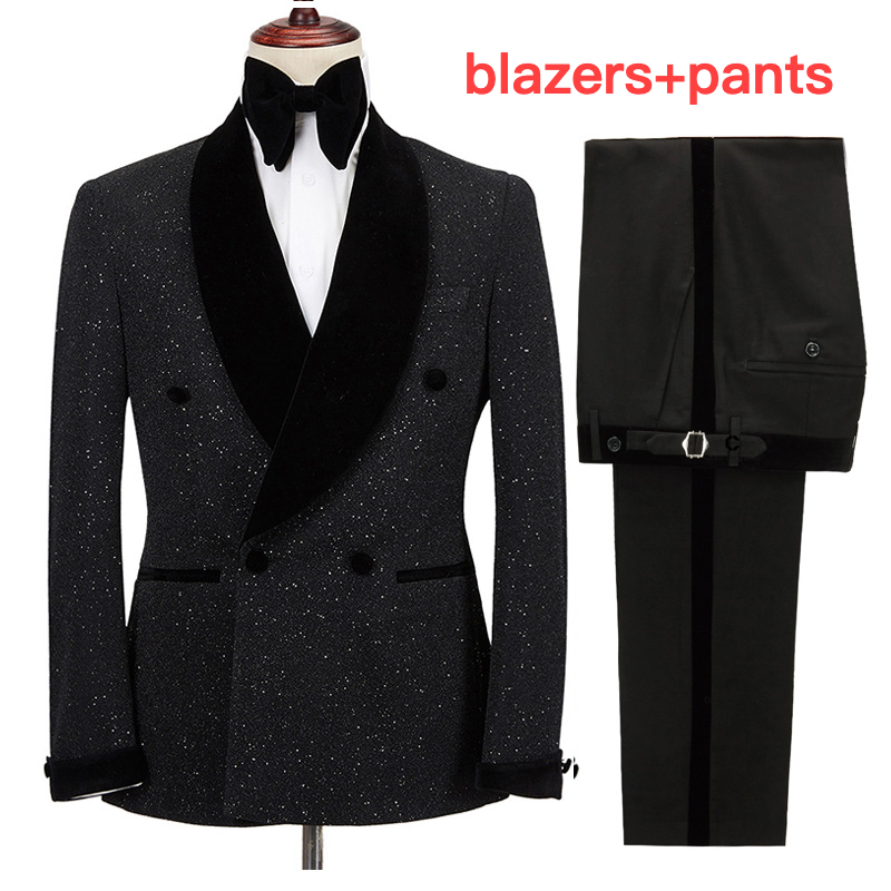 Robe de mariée pour hommes, 2 pièces, vêtements pour garçon d'honneur, revers à pistolet, costume à paillettes, double boutonnage, ensemble blazer de banquet_voghion.com