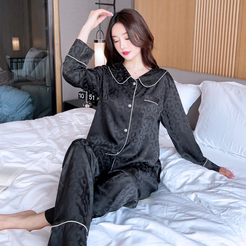 Women's clothing ice silk pajamas women's summer cool silky thin jacquard long-sleeved trousers home clothes large size suit_voghion.com