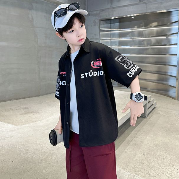 Boys' Graphic Print Short Sleeve Shirt – Soft Polyester, Black & White Casual Tee For Teens (120-170cm)"_voghion.com