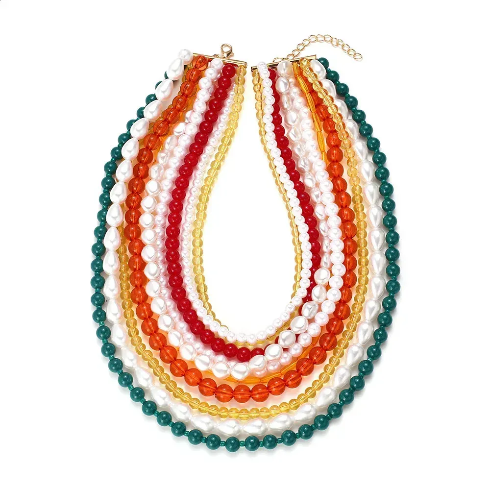 Collier ras du cou en perles multicolores pour femme, style bohème, à plusieurs rangs et pompons (réf. 240813)_voghion.com