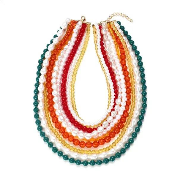 Collier ras du cou en perles multicolores pour femme, style bohème, à plusieurs rangs et pompons (réf. 240813)_voghion.com