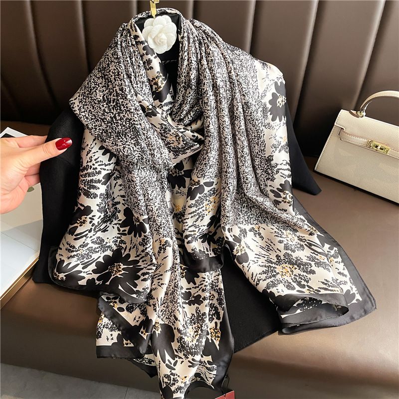 Flower Square Luxury Scarf Ring Network Red Live Broadcast with Goods New Silk Scarves Long and Large Tourism Shawl Sun_voghion.com