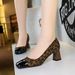Vintage women's shoes suede shallow mouth splicing color square head chunky medium heel fashion leopard print single shoes_voghion.com