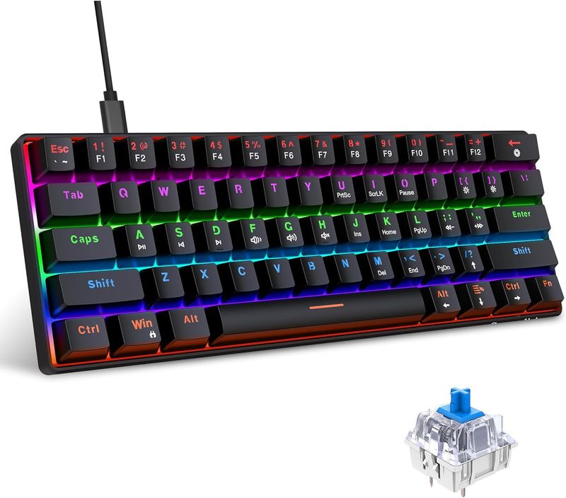 Snpurdiri 60% Wired Mechanical Gaming Keyboard, 61 Anti-Ghosting Keys, Blue LED Backlight, Ultra Compact Two Stands (Blue Switch/Black White Ice Blue)_voghion.com