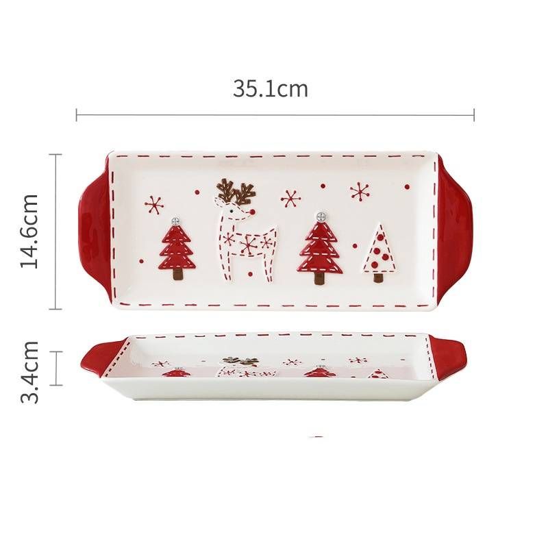 Nordic Santa Claus ceramic plate fish plate household tableware double ear long plate relief dish plate western style ceramic flat plate_voghion.com