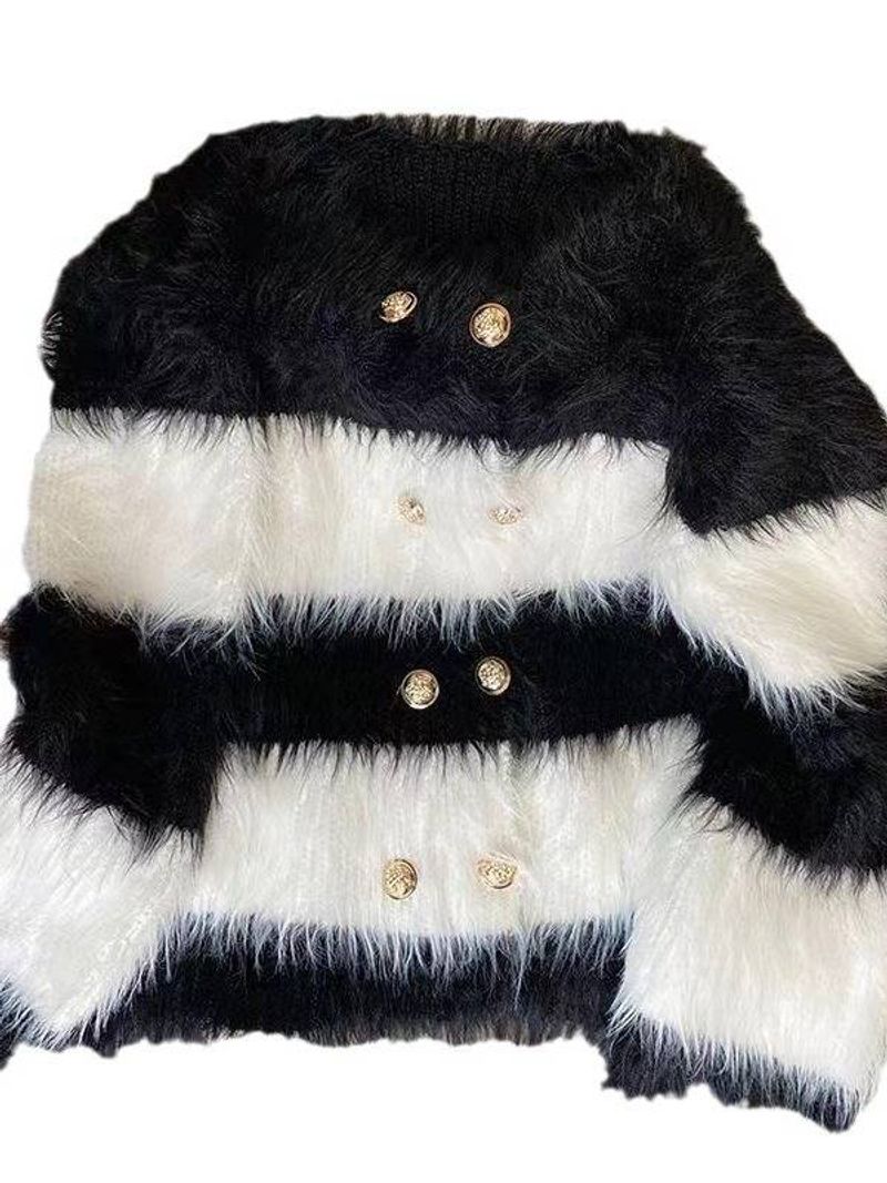 Women's Clothing Sweater Coat Striped Mink Fleece Autumn And Winter Outer Wear Fur Top Loose Lazy Style Knitted Cardigan_voghion.com
