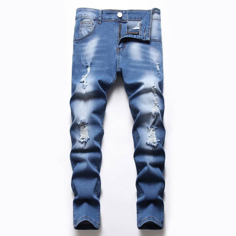 Kid's Clothing Medium And Large Children Straight Elastic Ripped Jeans, Medium Blue_voghion.com