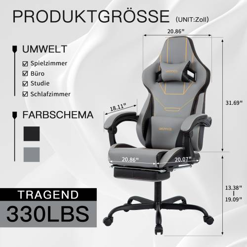 Ergonomic Gaming Chair Office Chair With Lumbar Support, Footrest, Racing Computer Chair Height Adjustable Recline, Grey/Black For Office/Gaming/Study_voghion.com