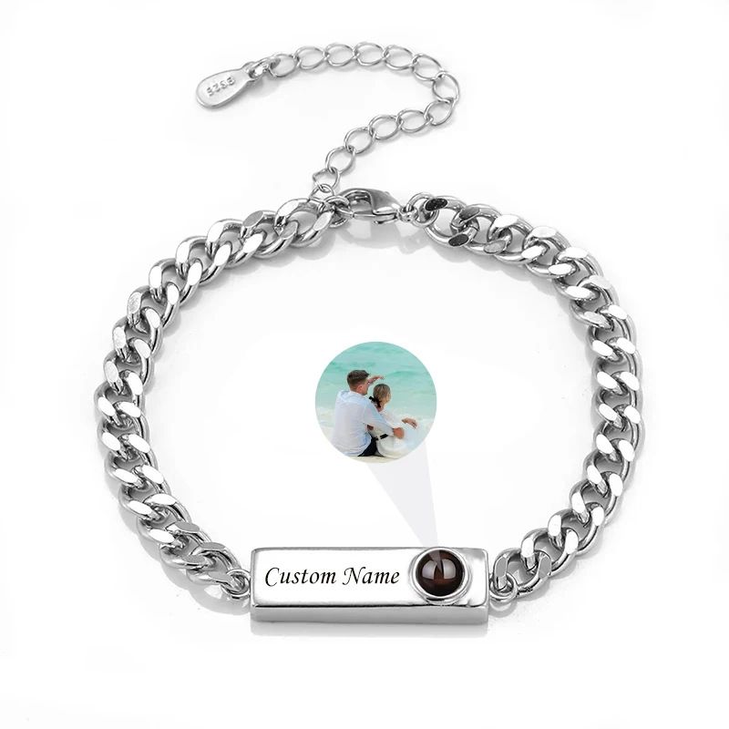 Hot Selling Cuban Chain Smooth Engraved Projection I Love You Custom Memory Photo Couple Bracelet_voghion.com