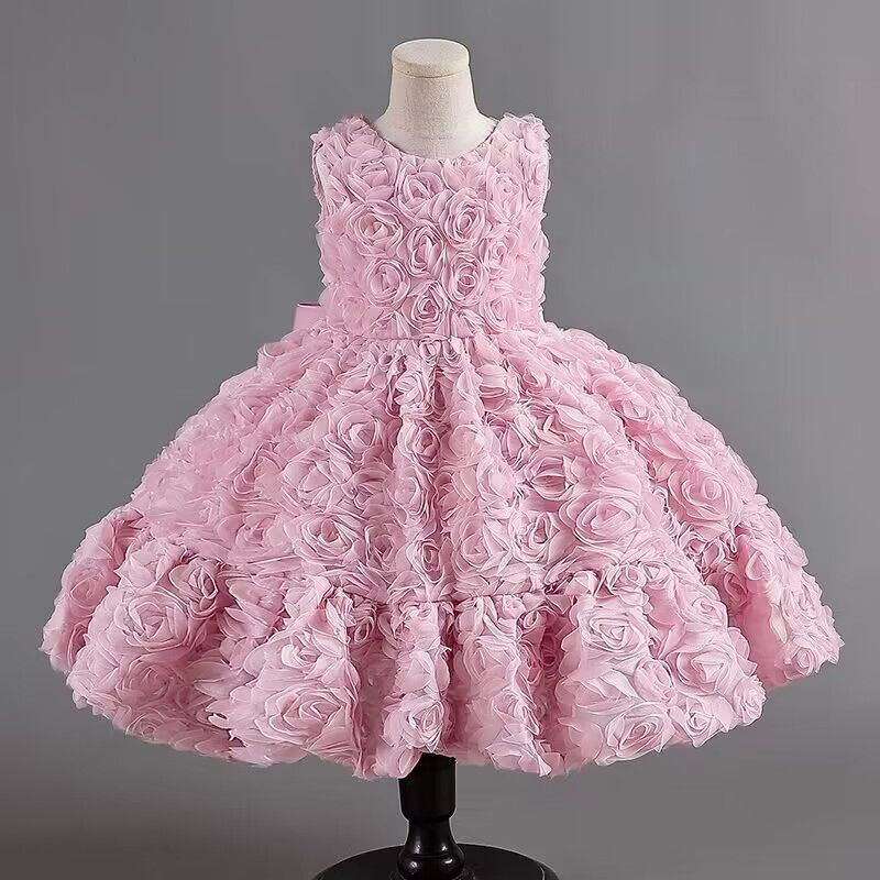 Rosenblüten-Sommerkleid für 2-10-jährige Mädchen, Geburtstagsparty, wunderschönes, flauschiges Hochzeitskleid für Kinder_voghion.com