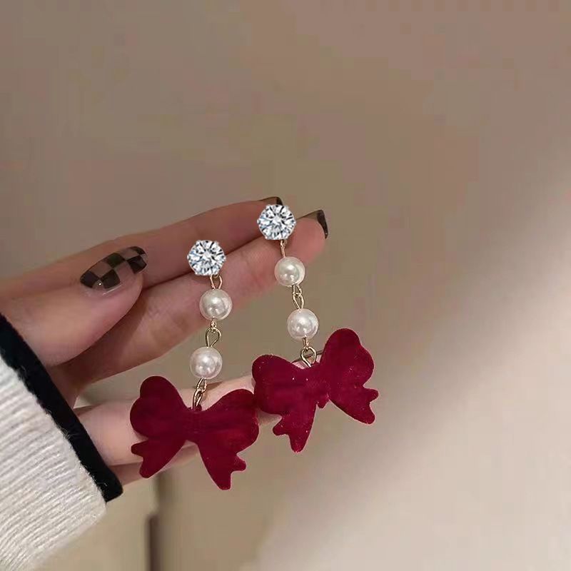 Damen Ohrringe Silbernadel Herbst und Winter rote Samt Ohrringe weibliche Perlenbogen Ohrringe Nische Design Sinn_voghion.com