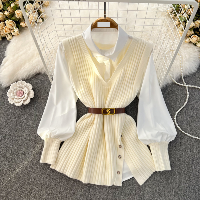 Damenbekleidung Neue lockere weiße Hemdoberteile für Damen im Herbst und Winter, geschlitzte Strickweste mit Design, modischer und altersreduzierender zweiteiliger Anzug_voghion.com