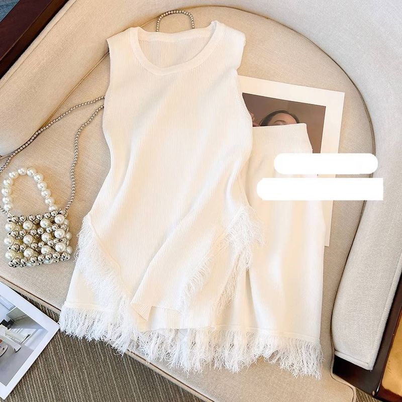 Women's Pink Tassel Knitted Small Camisole + High Waist Wide Leg Casual Shorts_voghion.com