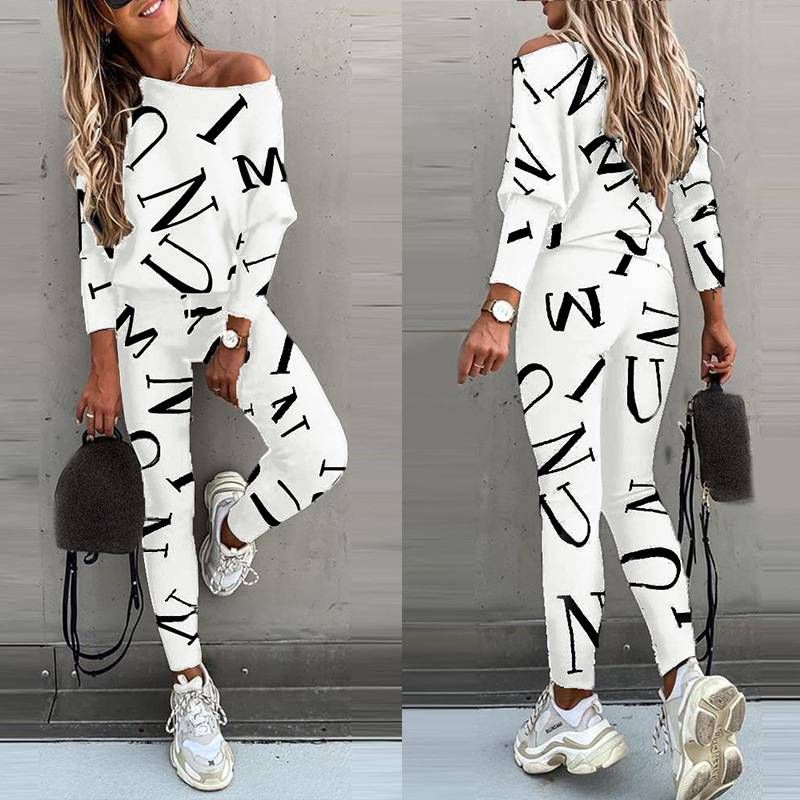 2025 Autumn New European Women's Tracksuit Set Letter Print Long Sleeve Loose T-shirt Pants Casual Suit Set Two Piece_voghion.com