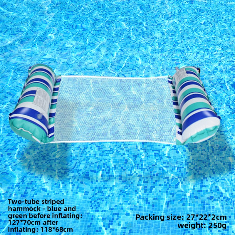 Hamac gonflable avec filet en maille – Lit flottant pliable pour piscine, lac et plage (design rayé en PVC robuste)_voghion.com