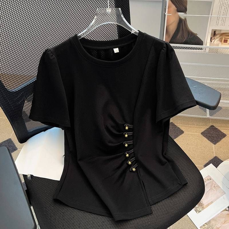 T-shirt blanc à manches courtes et col rond pour femme, design fin, niche, coupe slim, haut court_voghion.com