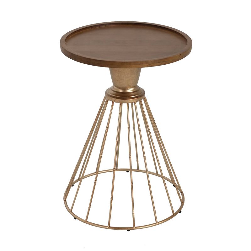 Retro Hollow-Edge Pine Side Table – Antique Gold Iron & Natural Wood Finish – No Assembly Needed, 18" Floating Design Accent Table_voghion.com