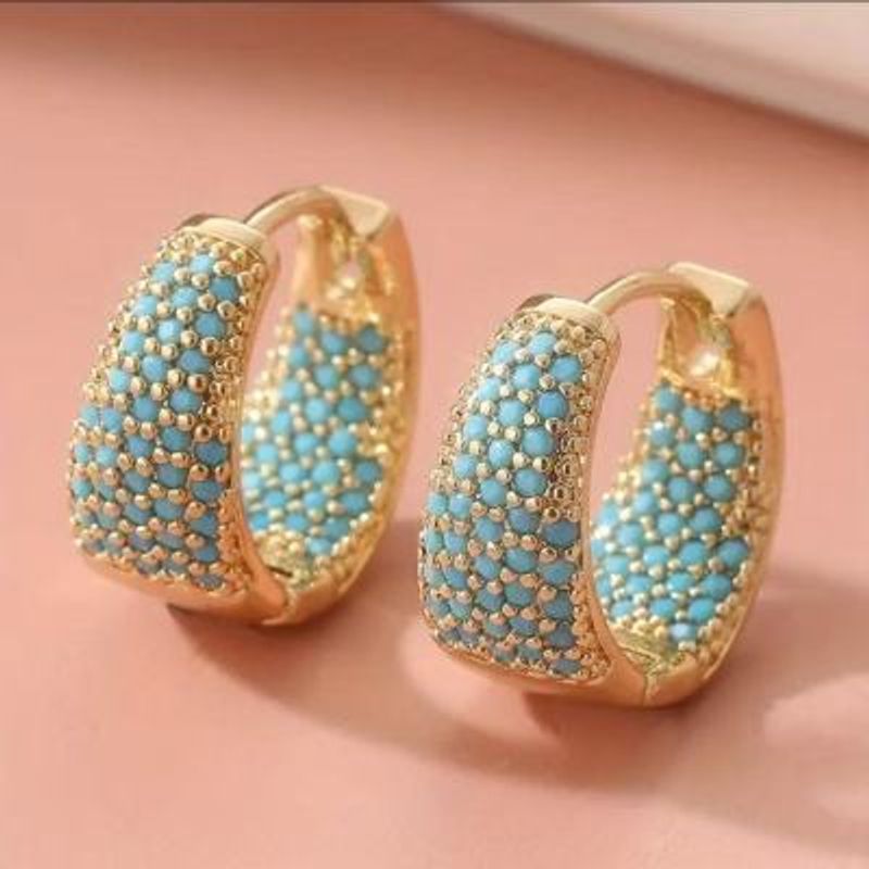 Fashion Gold Coating & Full Blue Turquoise Stones Inlaid Wide Loop Huggie Earrings For Women Ladies_voghion.com