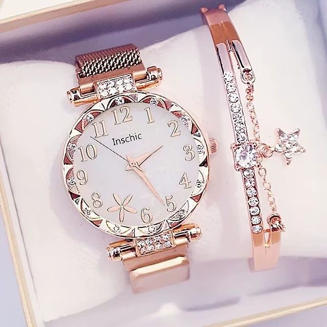 5pcs/set Women's Rhinestone Square Ins Belt Quartz Watch Butterfly Inlaid Bracelet Gift Box Set_voghion.com