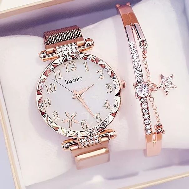 5pcs/set Women's Rhinestone Square Ins Belt Quartz Watch Butterfly Inlaid Bracelet Gift Box Set_voghion.com