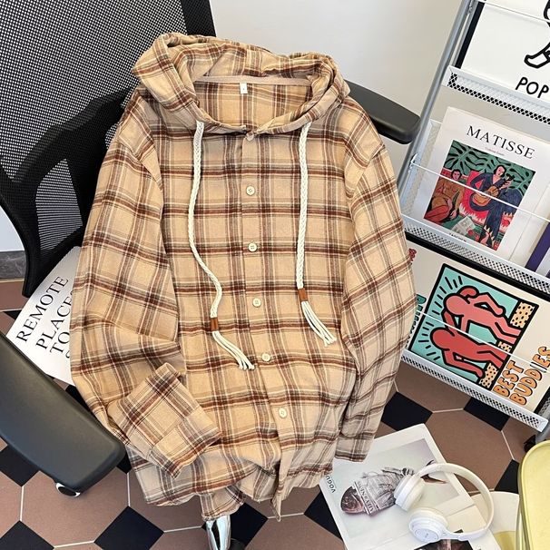 Camicia a quadri con cappuccio a maniche lunghe, camicia in stile western ampia e versatile, giacca da esterno_voghion.com