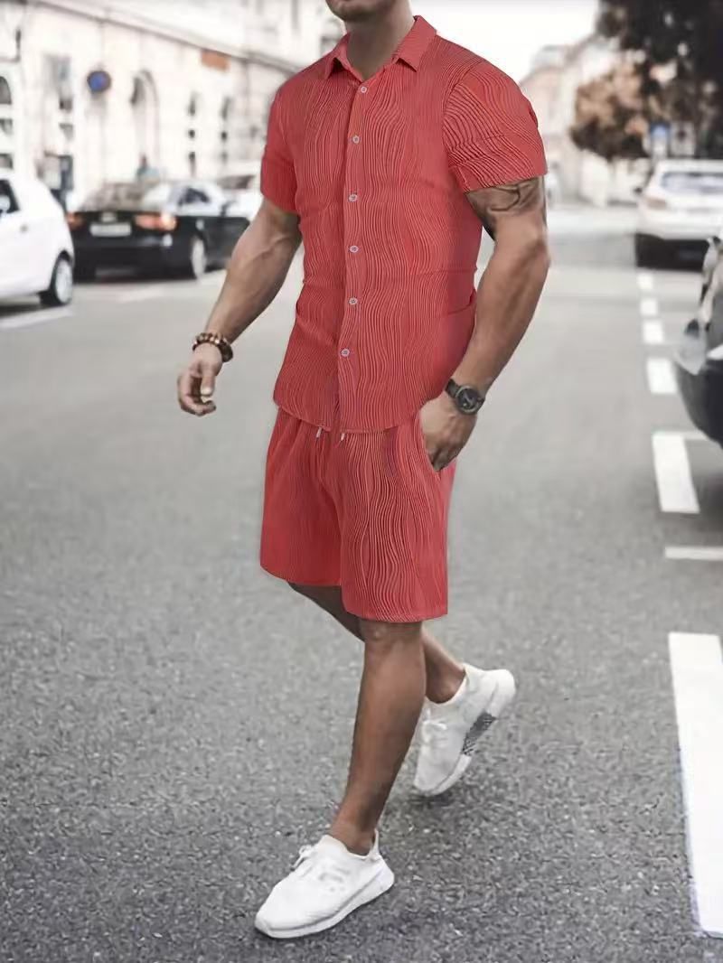 Odzież męska Garnitury codzienne Street Jacquard Nieregularna tekstura Krótkie spodnie z krótkim rękawem Garnitury dwuczęściowe Casual_voghion.com