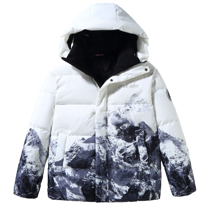 Új ifjúsági pehelykabát férfi rövid kapucnis vastag kabát pár hó hegy nagy téli ruházat_voghion.com