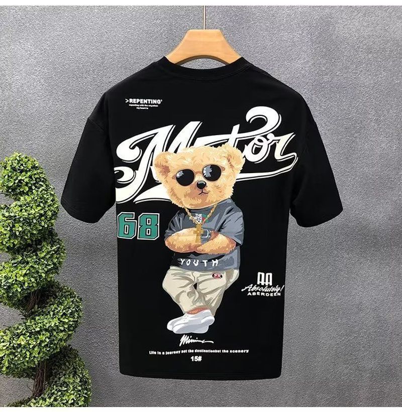 Men's Clothing Fashion brand bear print short sleeved T shirt men's summer new style versatile casual large size loose cotton tops_voghion.com
