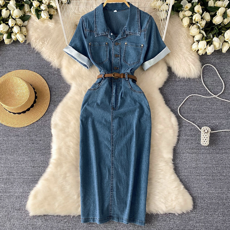 Damenbekleidung Einfaches High-End-Jeanskleid mit Polokragen Damen Sommergürtel Schlankes Split-Design Temperament Langer Rock_voghion.com