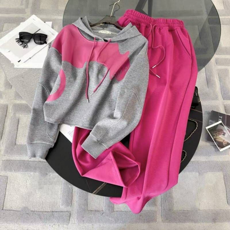 Costum sport elegant casual pentru femei, cu glugă, de primăvară, cu pantaloni largi, costum din două piese, la modă și slim_voghion.com