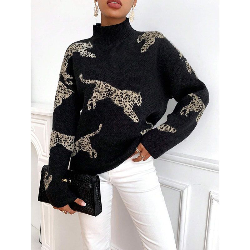 Women's Clothing autumn and winter deer plush half high collar women's sweater new temperament jacquard contrast color knitted sweater top_voghion.com