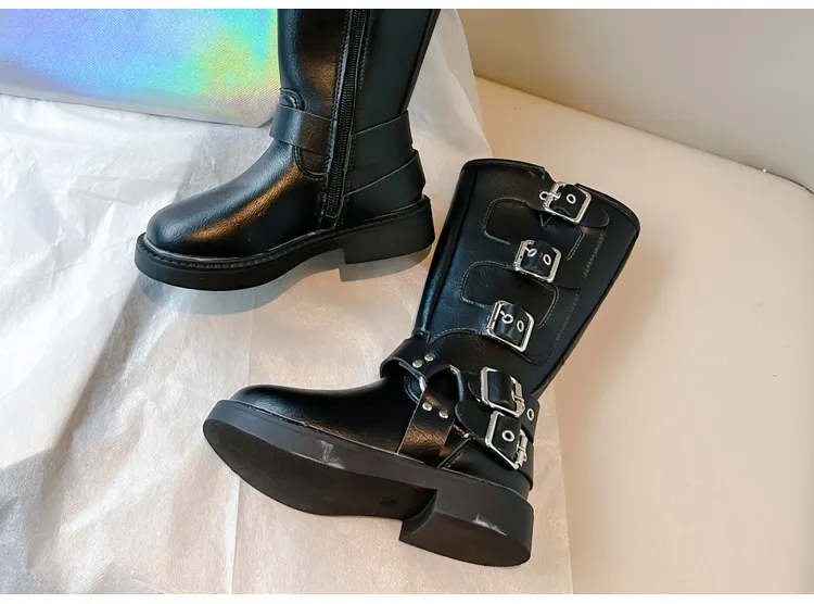 Kids' shoes Children's Martin boots 2024 autumn and winter new style baby girl fashion metal buckle high boots retro genuine leather Martin_voghion.com