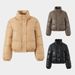 Women's PU Leather Puffer Jacket - Short Stand Collar Winter Coat, Quilted Bomber With Warm Thinsulate, Streetwear Outerwear_voghion.com