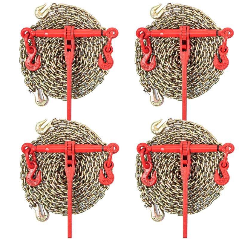 VEVOR Chain Load Binder, 5/16" Tie Down Kit W/ 6600LBS Working Load Capacity And Two Grab Hooks, Includes (4) Ratchet Binders - (4) 21' Grade 80 Chains, Transport Load Package For Hauling, Towing_voghion.com
