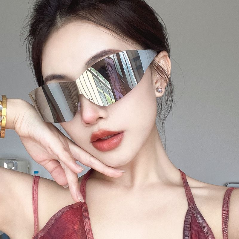 LazyZoom Fashion One-Piece Sunglasses Y2g Mercury Reflective Riding Glasses Women's Fashionable Big Face Technology Sense Hiking_voghion.com