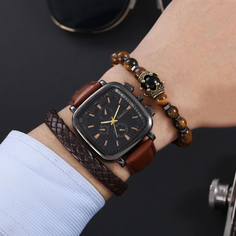 Men's Watches Men's Large Dial Belt Couple Watch Square Casual Fashion Retro Men's Bracelet Set 3pcs_voghion.com