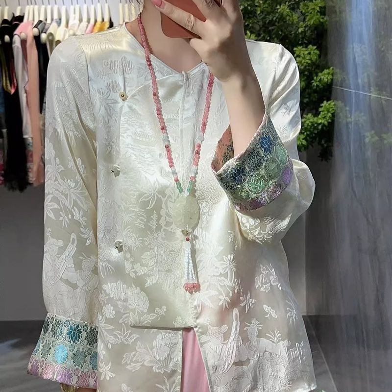 Top in stile cinese con giunture jacquard in seta imitazione, camicie a maniche lunghe in stile cinese_voghion.com