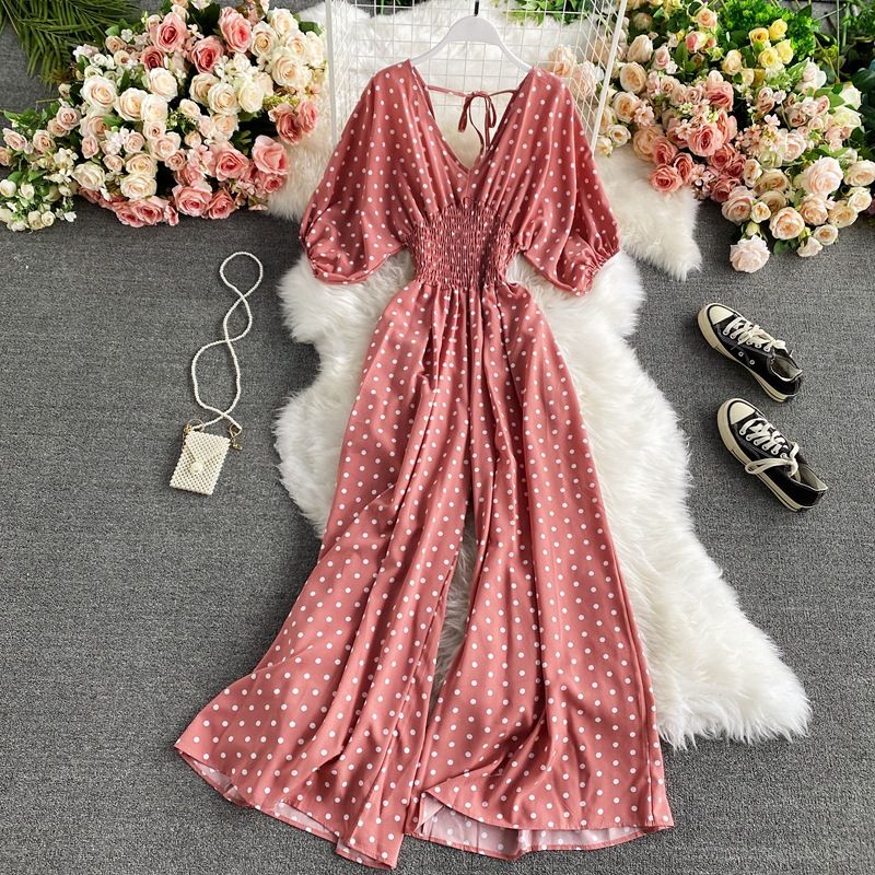 Damenbekleidung Sexy V-Ausschnitt Fledermausärmel Taille Abnehmen Polka Dot Print Jumpsuit Modisches Temperament Weite Beinhose Jumpsuit Für Damen_voghion.com