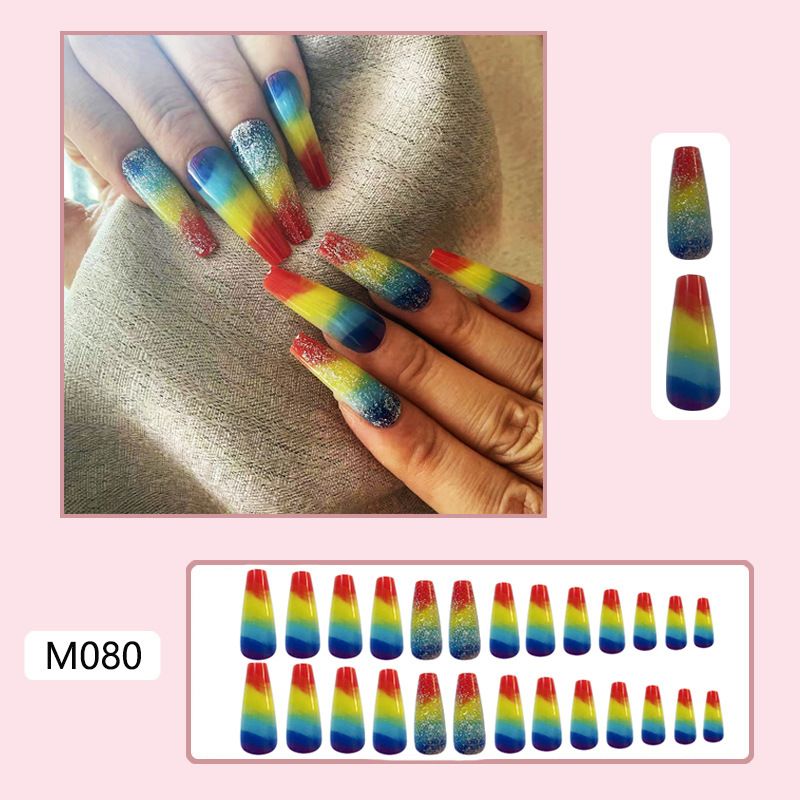 Tiras para uñas, uñas postizas, uñas largas, uñas con purpurina arcoíris, uñas postizas de colores, parches para decoración de uñas_voghion.com