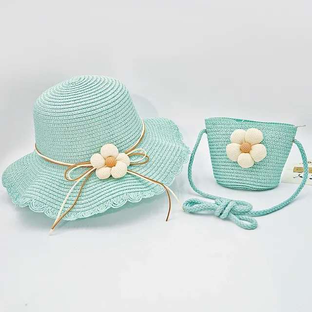 Nuovi arrivi 1 pz. Borsa estiva in paglia con pizzo ondulato per bambini, set da due pezzi, elegante e carino, cappello da sole con protezione a forma di fiore_voghion.com