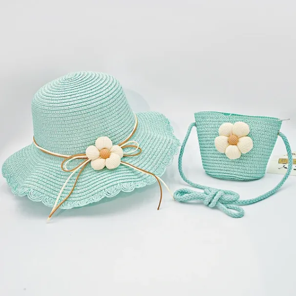 Nuovi arrivi 1 pz. Borsa estiva in paglia con pizzo ondulato per bambini, set da due pezzi, elegante e carino, cappello da sole con protezione a forma di fiore_voghion.com