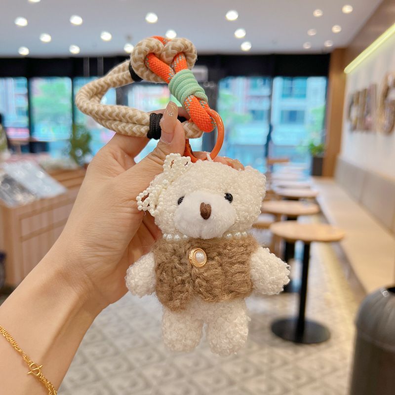 Porte-clés en forme d'ourson avec nœud en perles et pompon, mignon, japonais et coréen, pendentif pour sac, poupée, produit fini à suspendre_voghion.com