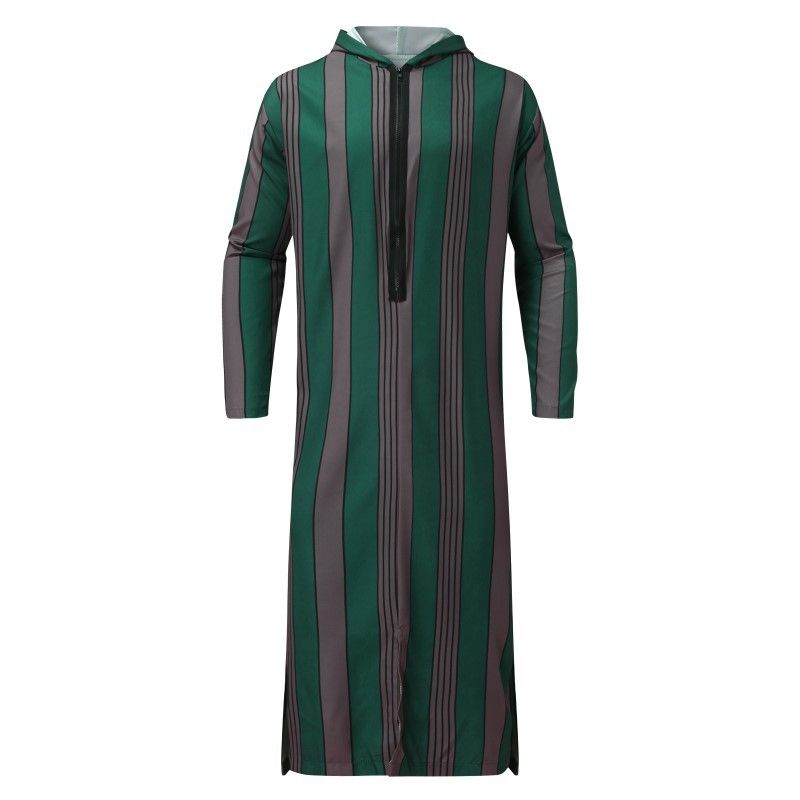Men's Clothing Loose Large Size Long Hooded Jumpsuit Striped Printed Muslim Robe_voghion.com