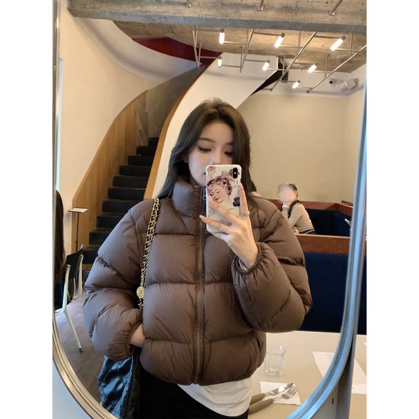 Women's Short Puffer Jacket With 90% White Duck Down, Oversized Cropped Coat, Casual Winter Outerwear (Brown, Black)_voghion.com